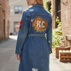 Embroidered Denim Long Jacket with KC Patch